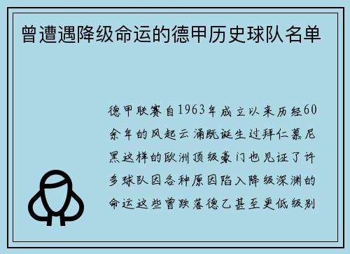 曾遭遇降级命运的德甲历史球队名单